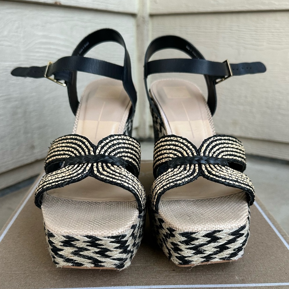 lce Vita Cale Black/Natural Raffia Wedge Sandals - Women’s Size 11